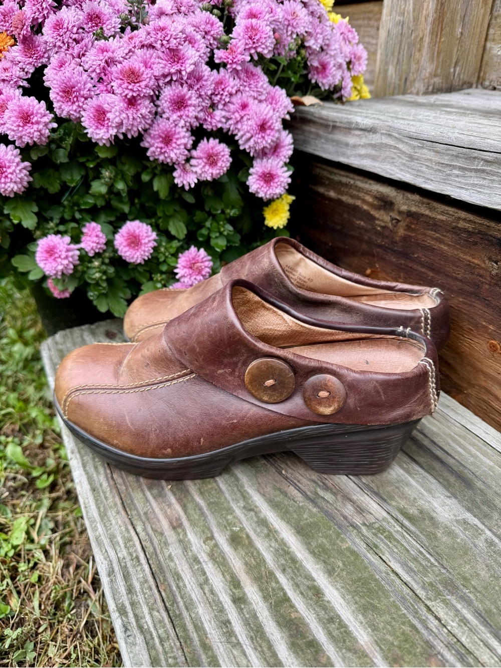 Sanita Nikolette Brown Leather Clog Mules with Button Accents